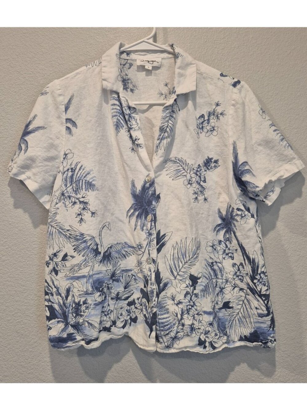 Panama Jack Linen Shirt White Blue Tropical Floral Button Up Women's Medium